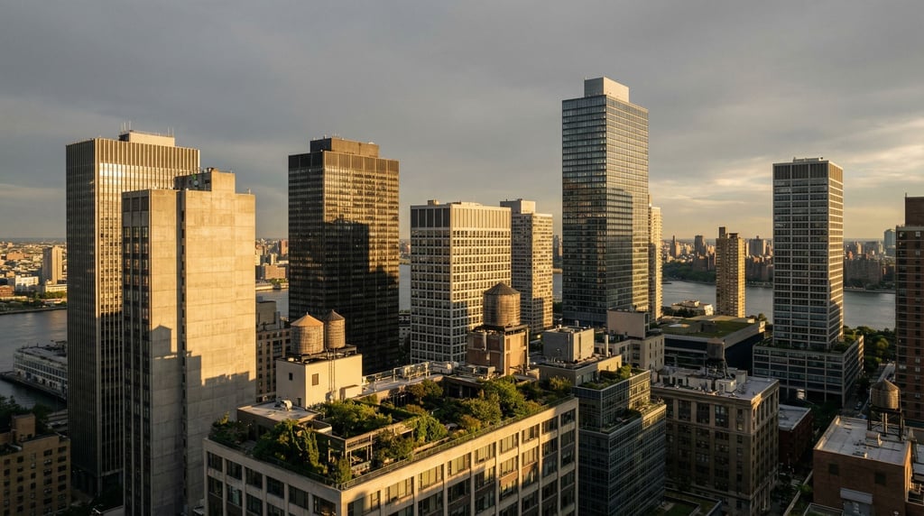 Sweeping panoramic view of a mid-century modern city skyline at late afternoon