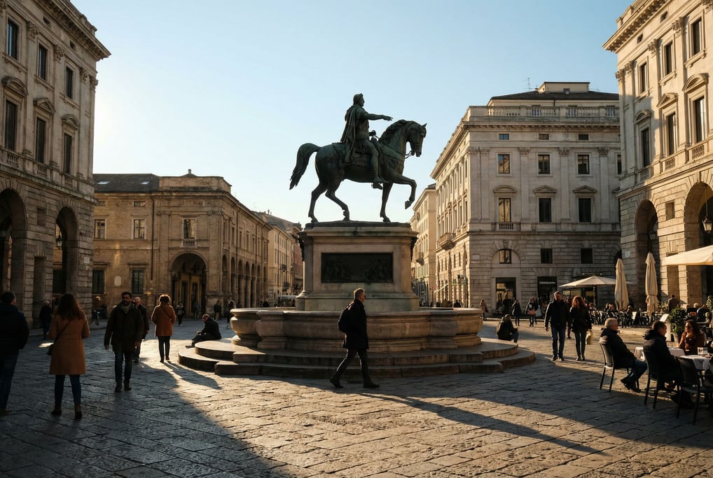 Grand stone piazza with a central fountain in a European city