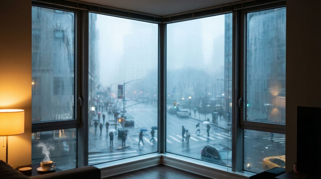 Looking out through a large floor-to-ceiling apartment window at a cosmopolitan city street