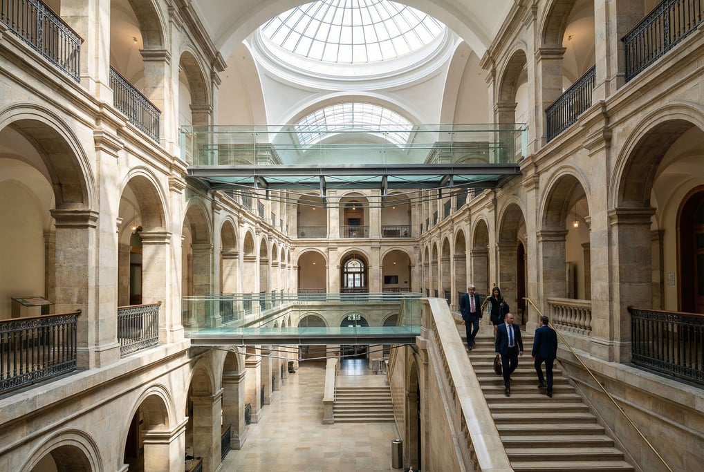 Soaring atrium with floating walkways inside a historic courthouse