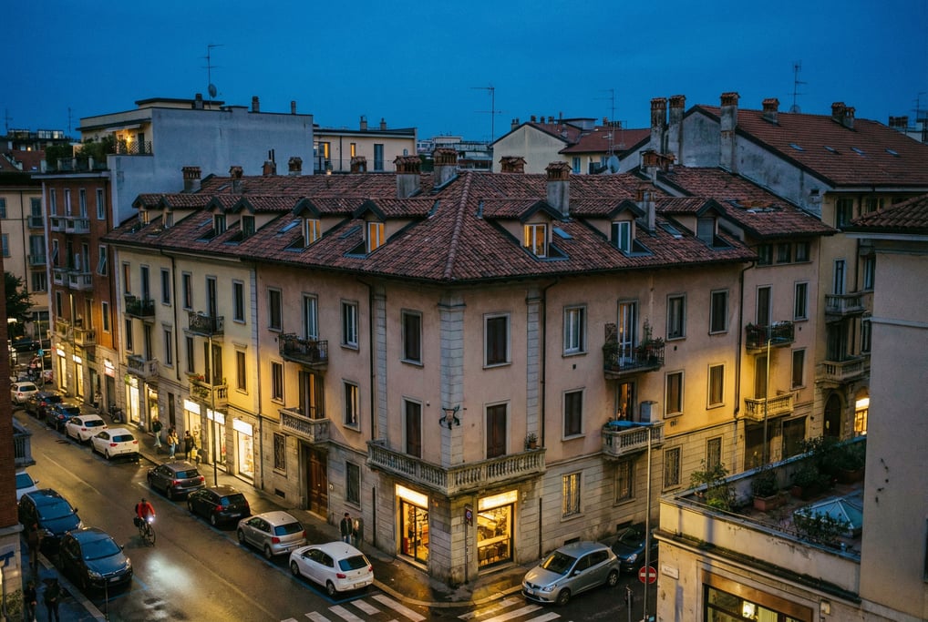 Mediterranean villa apartments with tile roofs in a modern neighborhood
