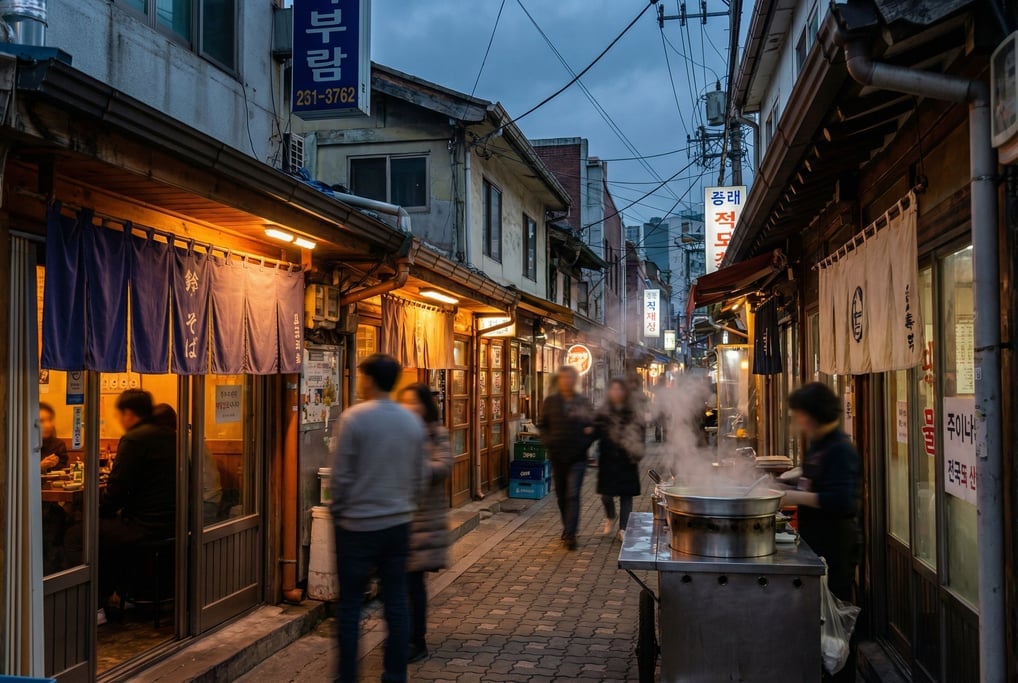 Narrow Seoul alley with small restaurants with noren curtains hanging in entries, late afternoon