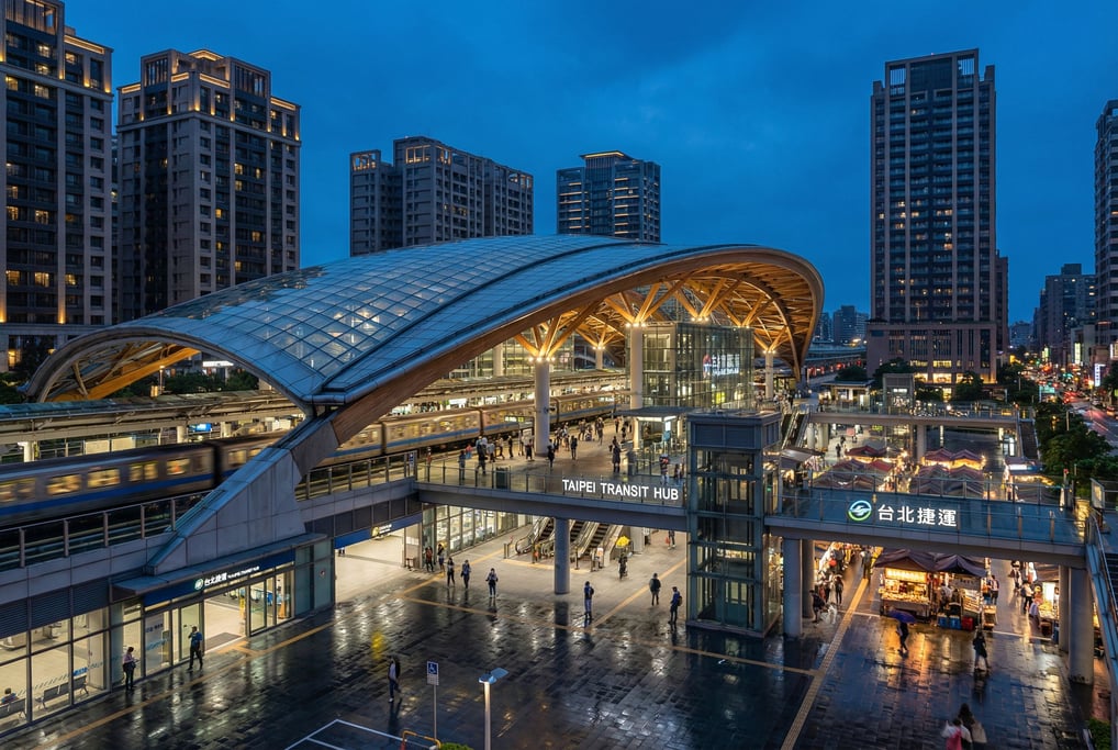 Modern transit hub with sweeping roof in a Taipei