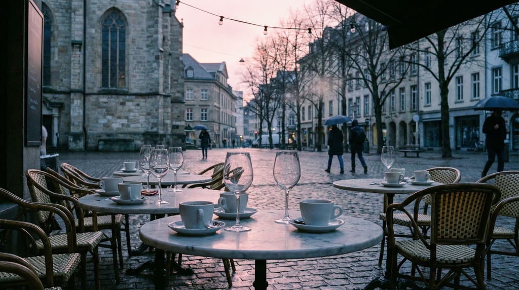 Outdoor wine bar terrace on a cosmopolitan city square, empty cups and saucers on marble tabletops
