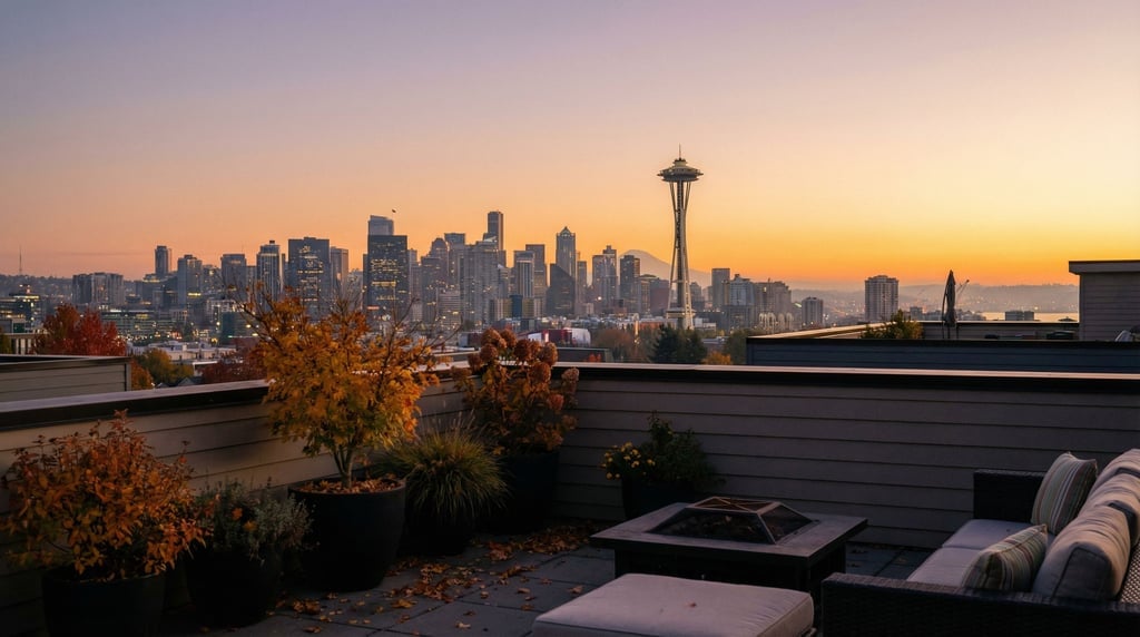 Distant city skyline seen from a residential rooftop terrace