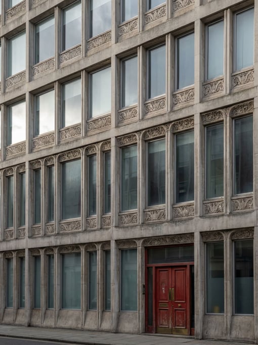 Modernist grid of identical windows with ornate carved details catching side light