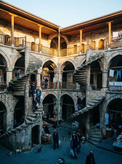 Looking up through a courtyard of a Ottoman-era caravanserai