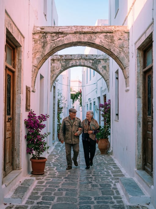 Narrow Greek island whitewashed lane with stone archways connecting buildings overhead, dawn