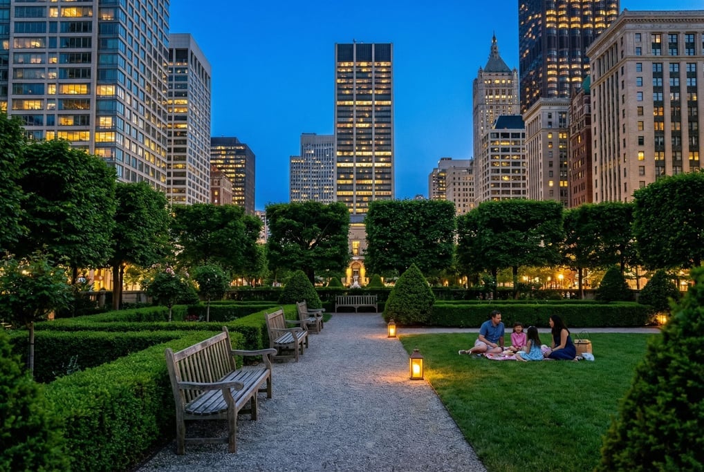 Manicured city garden with formal hedges with city towers visible in the background