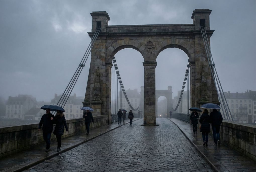 Historic stone arch bridge at cloudy afternoon, cables disappearing into mist