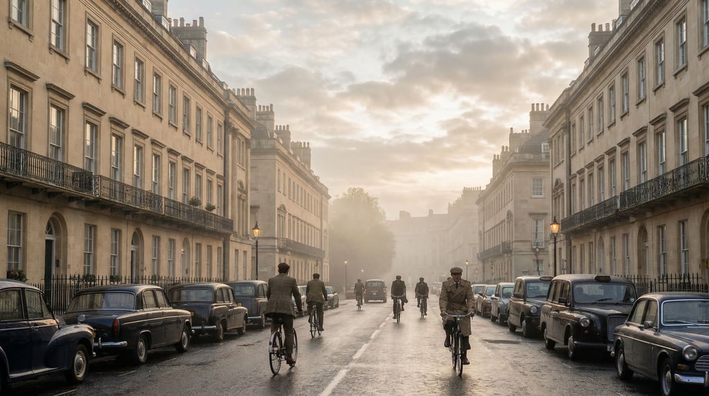 Grand Georgian boulevard with rows of cream limestone facades with ornate iron balconies
