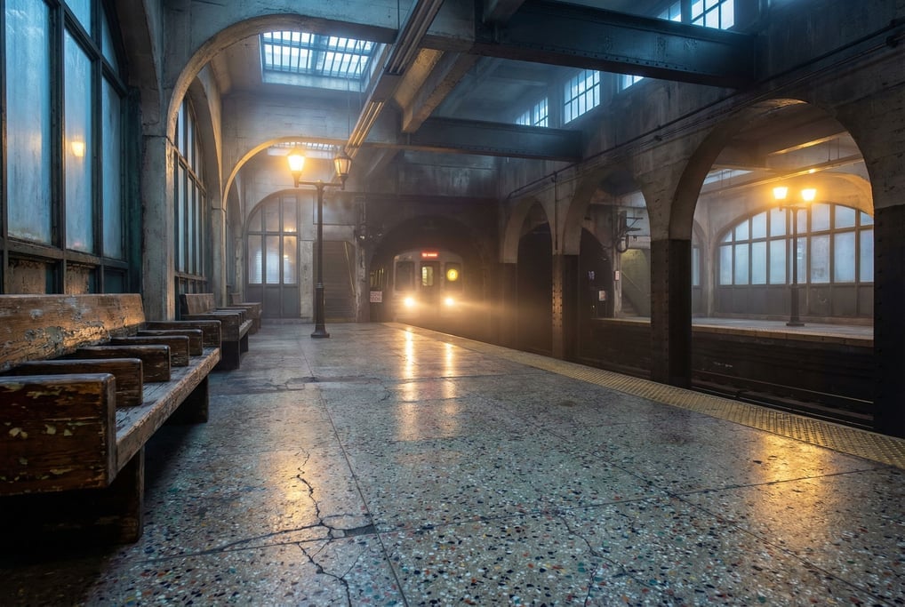Elevated train platform, worn terrazzo floor and wooden benches