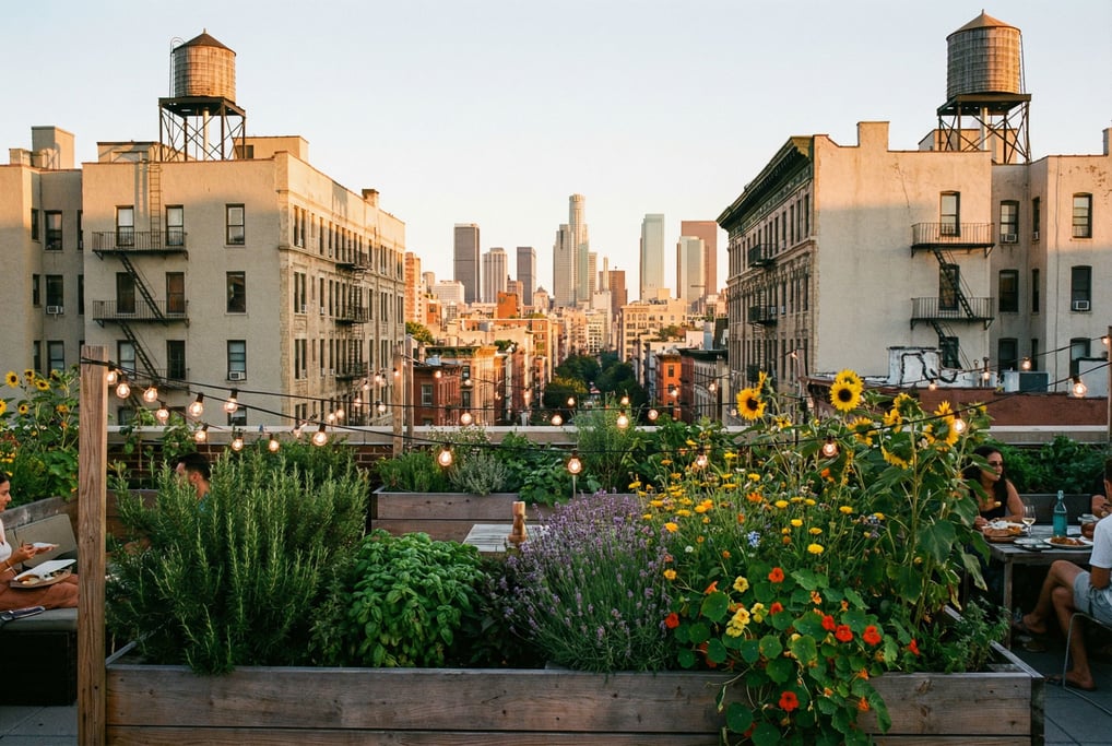 Rooftop terrace with string lights overlooking downtown at golden hour