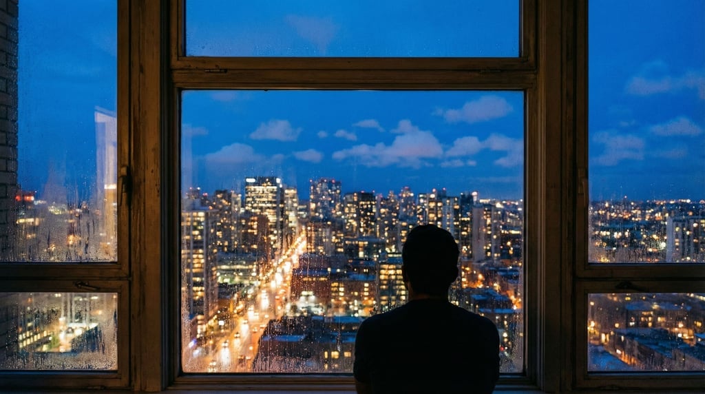 View through a hotel room window on a high floor overlooking a modern cityscape at blue hour