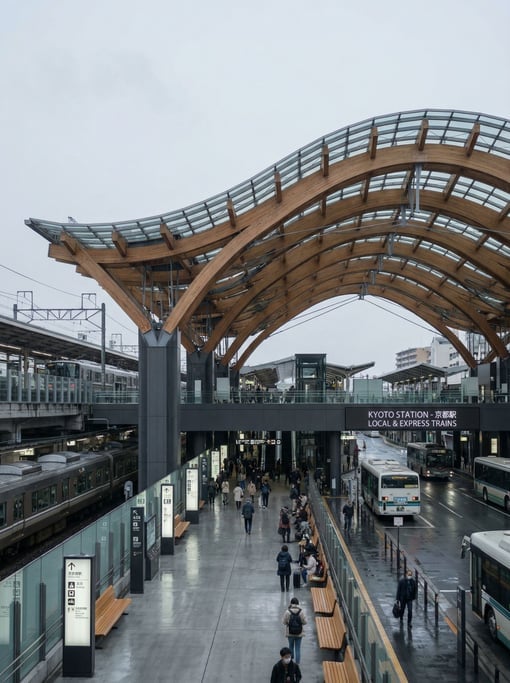Modern transit hub with sweeping roof in a Kyoto