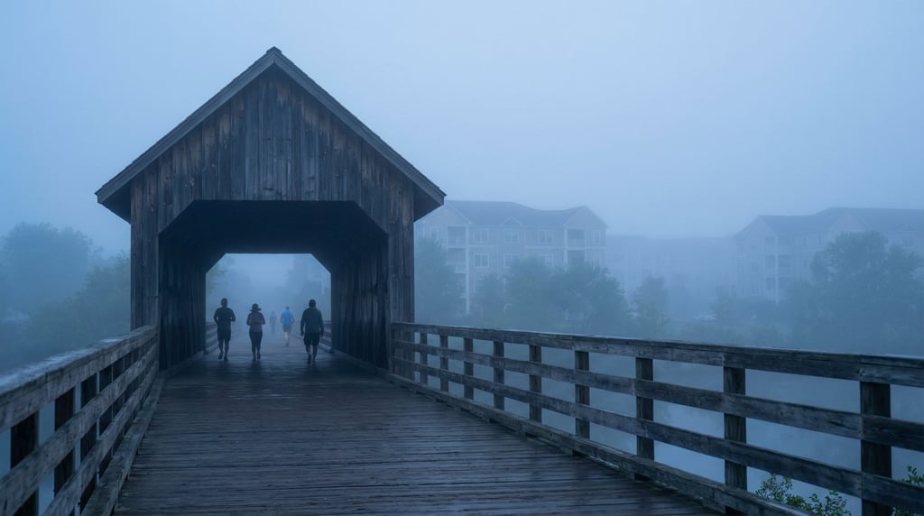 Covered wooden footbridge in morning fog