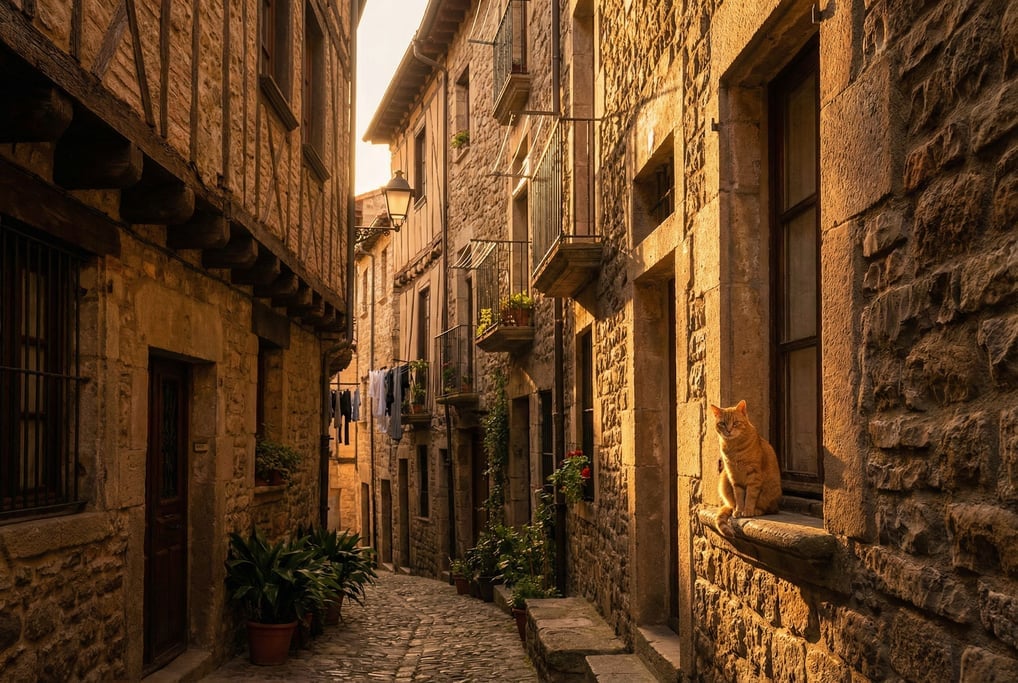 Narrow medieval stone alley with tall buildings on both sides creating a canyon of light and shadow