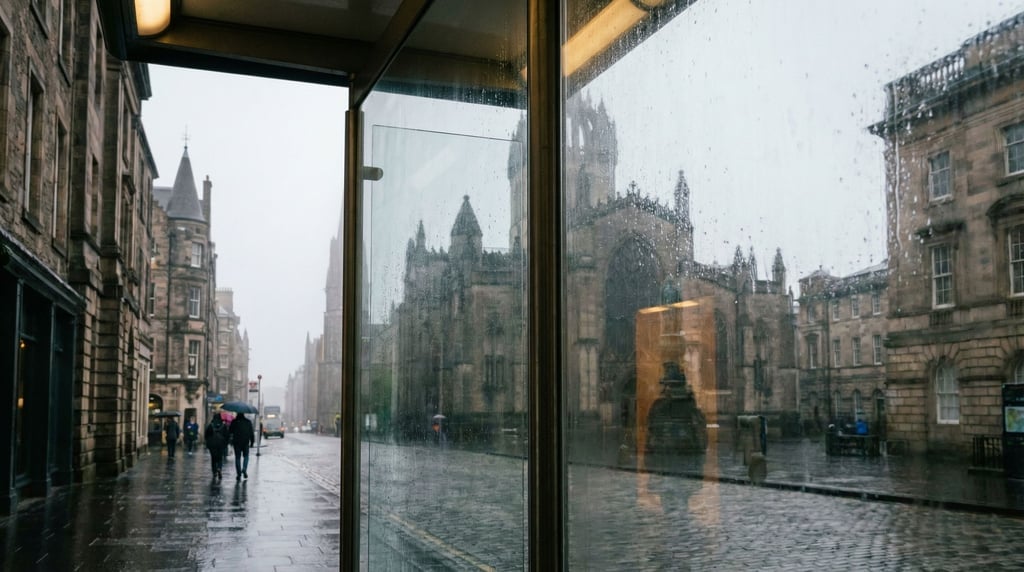 View through a bus shelter glass panel overlooking a historic cityscape at cloudy afternoon