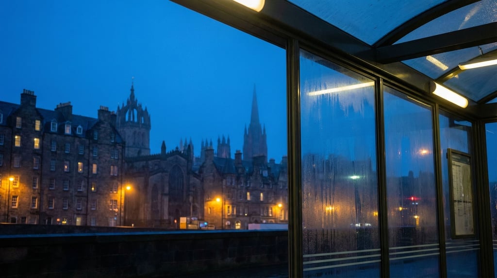 View through a bus shelter glass panel overlooking a historic cityscape at blue hour