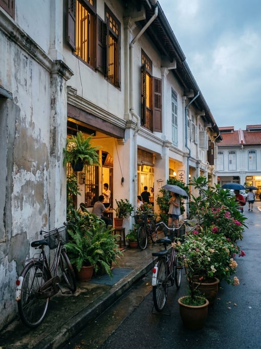 Narrow Singapore shophouse row with potted plants and bicycles lining the narrow sidewalk
