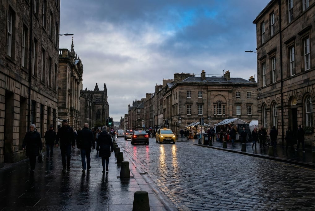 Historic city street on a clear day, sharp shadows and bright highlights under blue sky