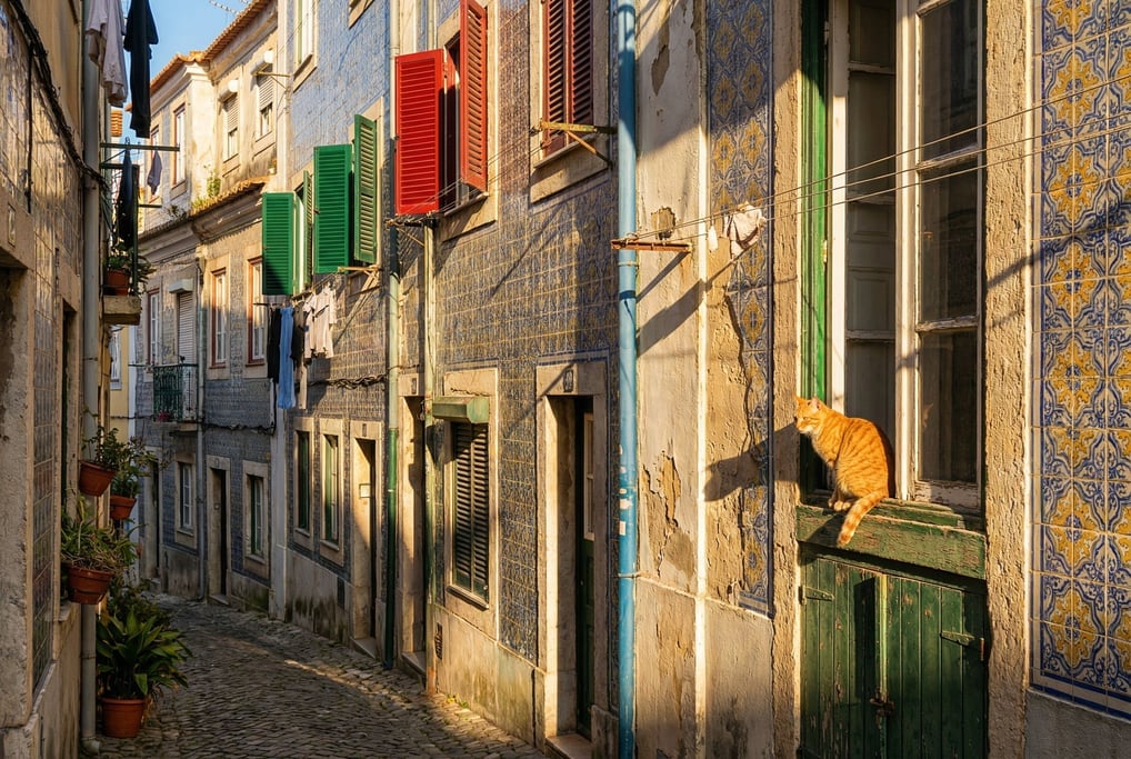Narrow Lisbon tiled backstreet with colorful shuttered windows at different heights