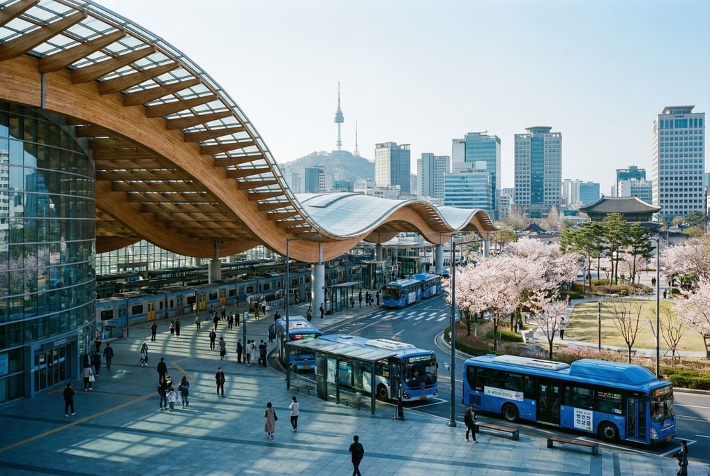 Modern transit hub with sweeping roof in a Seoul