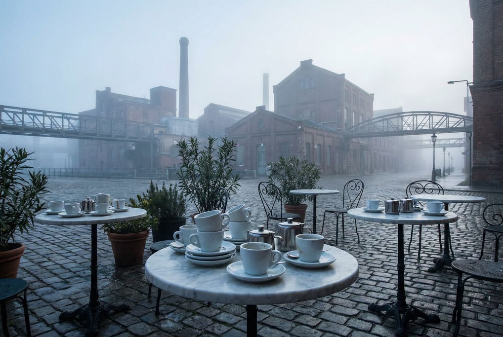 Outdoor café terrace on a industrial city square, empty cups and saucers on marble tabletops