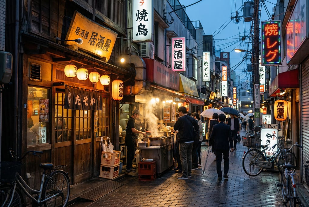Narrow Japanese backstreet with izakayas with traditional wooden facades with modern signage
