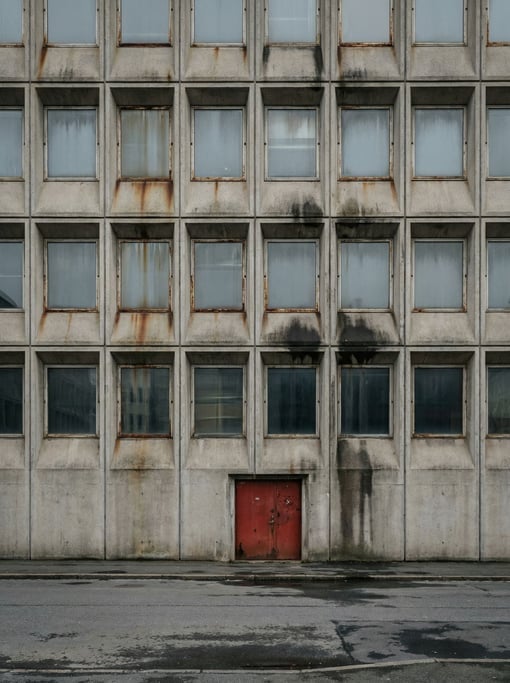 Modernist grid of identical windows with weathering stains and patina adding character