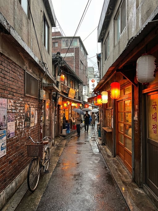Narrow Seoul alley with small restaurants with paper lanterns glowing warmly above doorways
