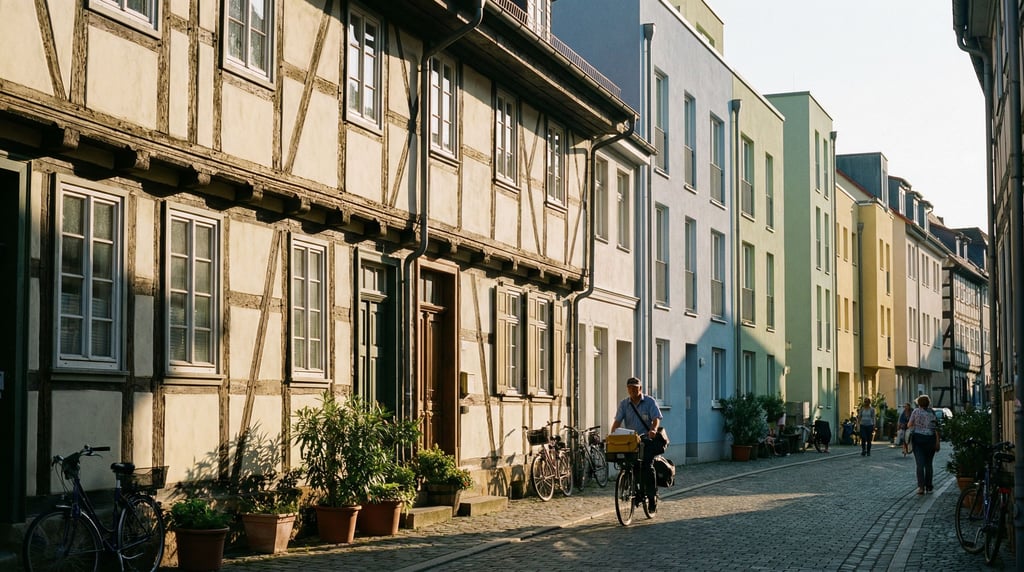 Half-timbered historic houses in a modern neighborhood