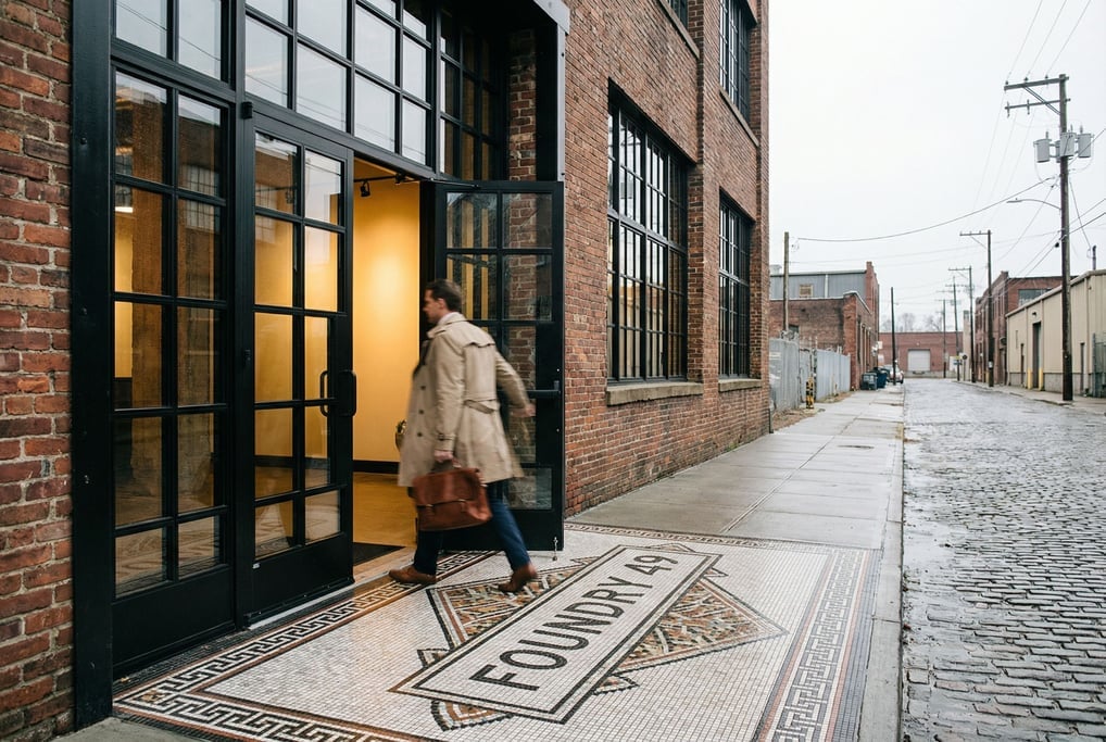 Industrial converted factory entrance with steel frame, mosaic tile work on the entrance floor