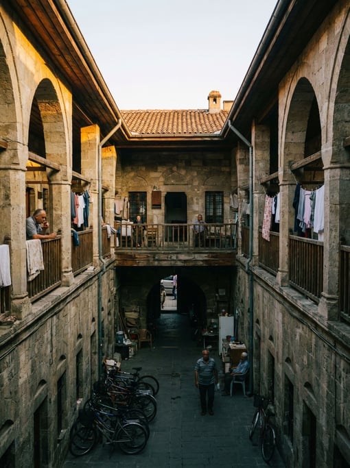 Looking up through a courtyard of a Ottoman-era caravanserai