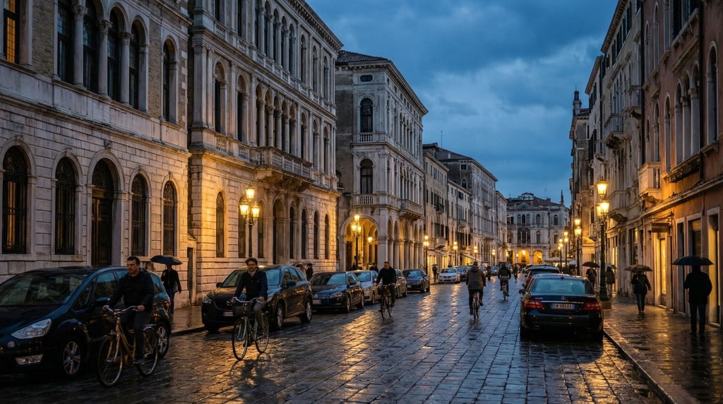 Grand Venetian Gothic boulevard with carved stone cornices and pilasters creating rhythmic shadows