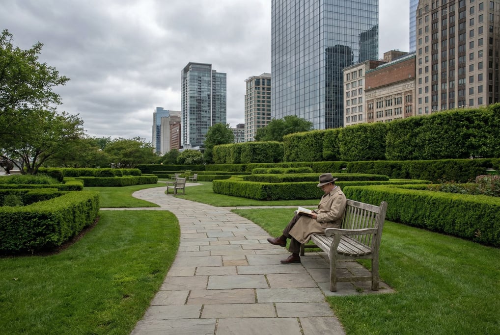 Manicured city garden with formal hedges with city towers visible in the background