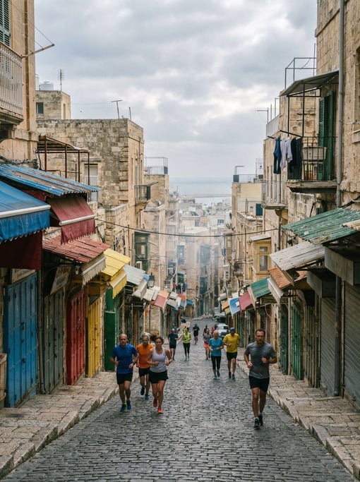 Morning joggers passing closed shopfronts on a steep hillside road in a Mediterranean city