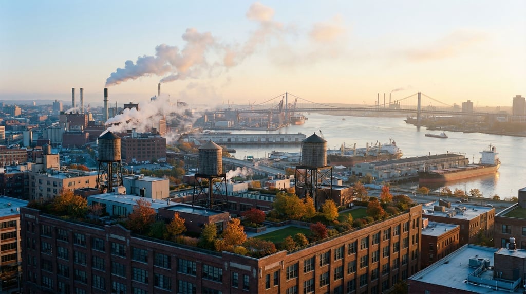 Sweeping panoramic view of a industrial waterfront city skyline at early morning