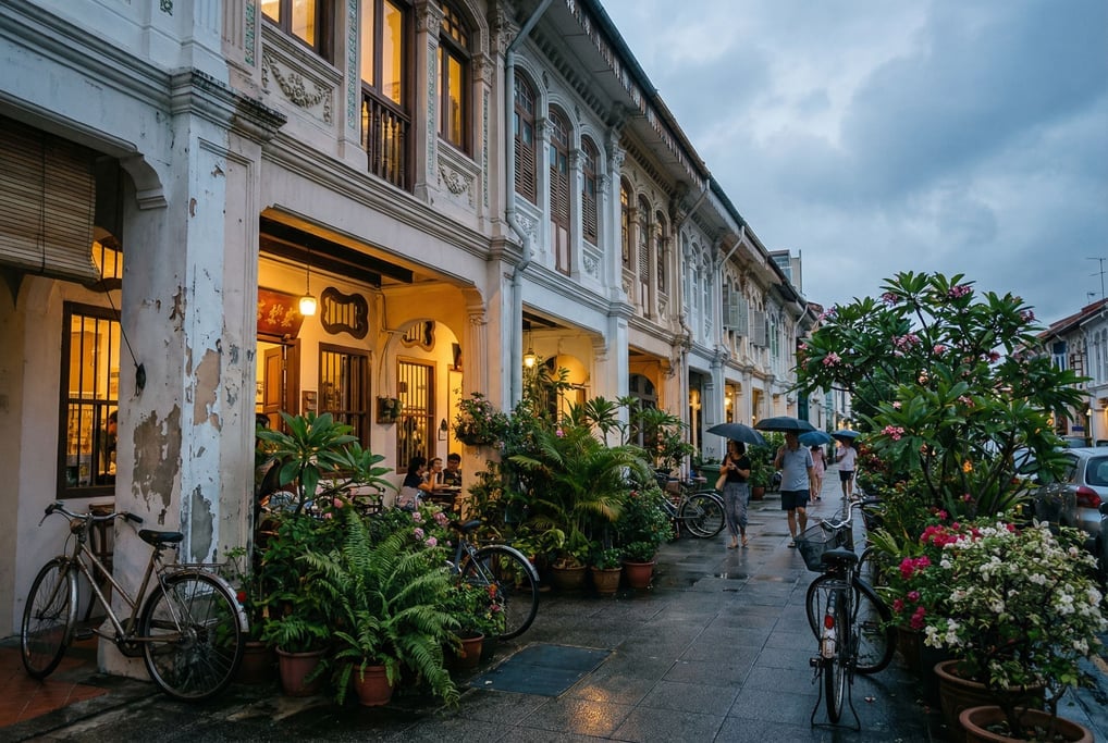 Narrow Singapore shophouse row with potted plants and bicycles lining the narrow sidewalk