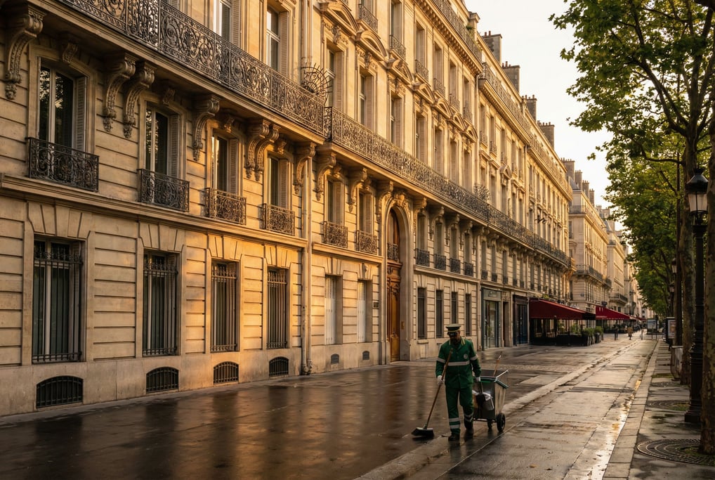 Grand Neoclassical boulevard with elaborate wrought-iron balcony railings with floral motifs