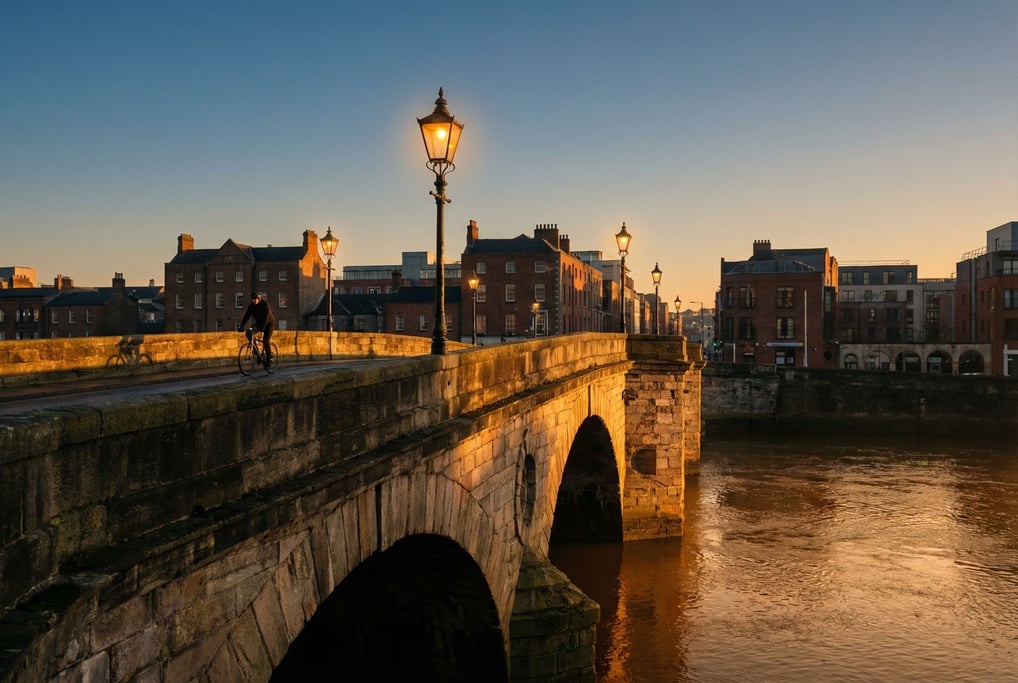 Historic stone arch bridge at golden hour, warm streetlights creating halos in fog