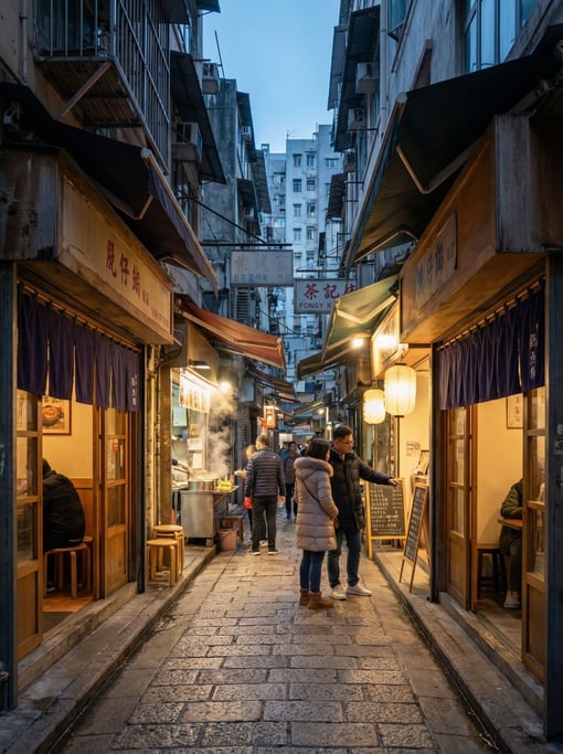 Narrow Hong Kong tong lau neighborhood street with noren curtains hanging in entries