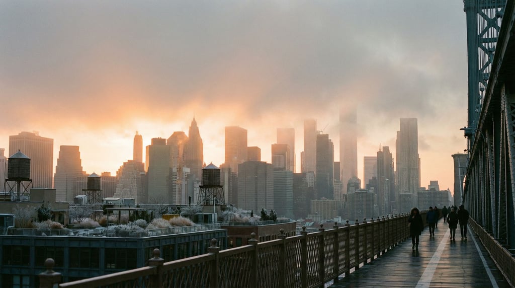 Distant city skyline seen from a bridge pedestrian walkway