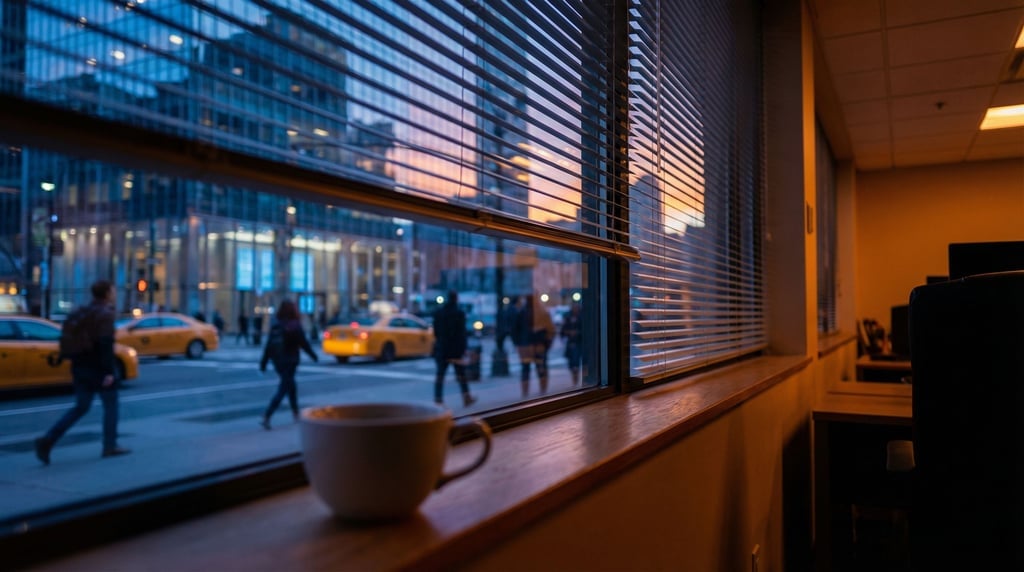 Looking out through a office window with venetian blinds partially open at a cosmopolitan city stree