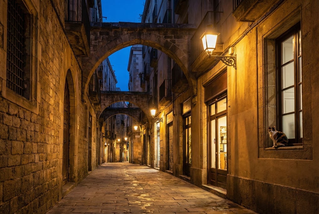 Narrow Barcelona Gothic Quarter street with stone archways connecting buildings overhead, dusk