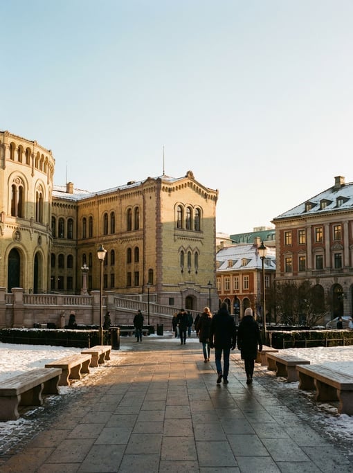 Wide civic square flanked by government buildings in a European city