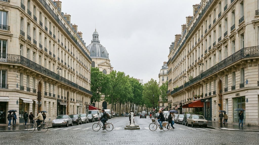 Grand Beaux-Arts boulevard with rows of cream limestone facades with ornate iron balconies