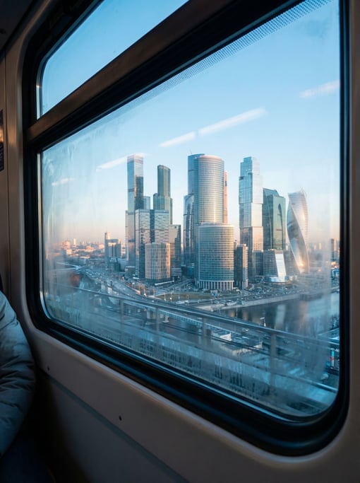 View through a train window speeding past the city overlooking a modern cityscape at early morning