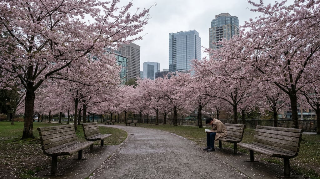 Cherry blossom grove in a city park with city towers visible in the background