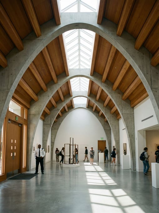Vaulted gallery with skylights inside a university building